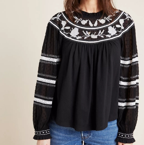 🍒NWT🍒 ANTHROPOLOGIE EMBROIDERED PEASANT TOP - Picture 3 of 5